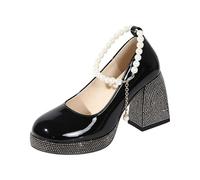 Bombas Mary Jane Mujer Elegante Cadena de Perlas Tacón Alto Punta Redonda Brida Simple Ligero Cómodo Estilo Escolar Para Verano Mary Janes Bombas Tacón Bloque Moda Vintage Vintage, Negro , 37 EU