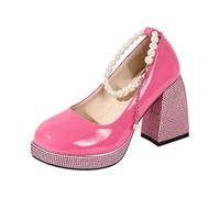 Bombas Mary Jane Mujer Elegante Cadena de Perlas Tacón Alto Punta Redonda Brida Simple Ligero Cómodo Estilo Escolar Para Verano Mary Janes Bombas Tacón Bloque Moda Vintage Vintage, rosa, 39 EU