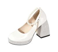 Bombas Mary Jane Mujer Elegante Cadena de Perlas Tacón Alto Punta Redonda Brida Simple Ligero Cómodo Estilo Escolar Para Verano Mary Janes Bombas Tacón Bloque Moda Vintage Vintage, blanco, 41 EU