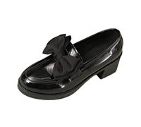 Bombas para mujer, tacón de 6 cm, tallas grandes, con pajarita rosa, de piel brillante, nueva colección, estilo princesa y británico, Loafers Elegantes para atuendo de ciudad, Negro67, 38 EU