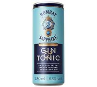 BOMBAY SAPPHIRE Gin y tónica, cóctel listo para tomar, 6,5 %, 12 x 25 cl | Latas de gin-tonic listas para tomar, cóctel premezclado con alcohol Bombay Sapphire infusionado 100% al vapor, 12 x 250 ml