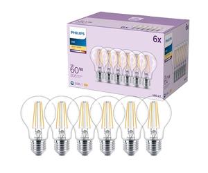 Bombilla LED Philips Classic A60, 60 W, incolora, casquillo E27, blanco cálido 2700 K, paquete de 6
