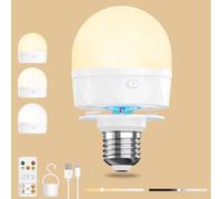 Bombilla recargable E27 con mando a distancia, USB C recargable, lámpara LED con batería de 2200 mAh gancho magnético, temporizador regulable en 3 colores, temporizador regulable sin electricidad para