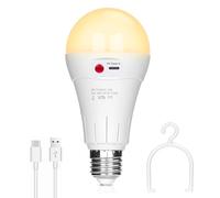 Bombilla recargable USB, 10 W, E27 LED de control por botón, intensidad variable, bombilla de batería 2000 mAh con gancho para iluminación de emergencia interior/exterior (blanco cálido, 1 paquete)