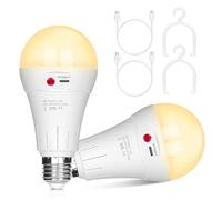 Bombilla recargable USB, 10 W, E27 LED de control por botón, intensidad variable, bombilla de batería 2000 mAh con gancho para iluminación de emergencia interior/exterior (blanco cálido, 2 paquete)