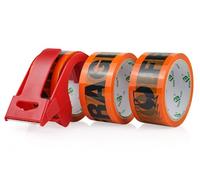BOMEI PACK Cinta de embalaje naranja frágil, 3 rollos de 48 mm x 66 m con dispensador, cinta de embalaje duradera y resistente para envíos, cajas de mudanza y uso en la oficina, cinta adhesiva fuerte