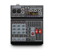 BOMGE Mezclador de audio 04A, consola de mezcla de placa de sonido profesional con USB/Bluetooth/computadora/mezclador de DJ de entrada estéreo de 4 canales, efecto Phantom Digital 99 DSP de 48 V para