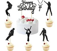 BOMJJOR Paquete de 7 decoraciones de pastel de cumpleaños y collar MJ Dance King Forever Happy Birthday Cake Topper Michael Jacksn colgante de fiesta temática para tartas