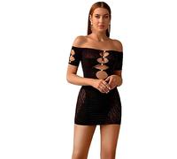 Bommi Fairy Vestido de mujer Bodycon Fishnet Mini vestido sin tirantes Lencería BodysuitClub Wear Party Dress Encaje Medias con Perlas, Negro , XS - XXL
