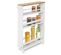 bomoe Carrito Auxiliar con Ruedas Hylla 50x79x15 cm - Mueble Auxiliar para almacenaje - Verdulero o Mesa Auxiliar con 2 Ruedas, 2 piés, 3 Compartimentos y Superficie de Madera FSC® - Blanco con Roble
