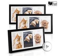 bomoe Set de 3 Marcos de Fotos Múltiple para Collage con Paspartú de Madera | para 3 10x15cm negro cristal de plástico decoración mural portafotos pared Galeria