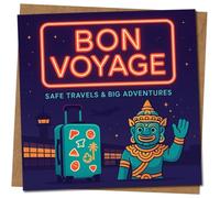 Bon Voyage Safe Travels & Big Adventures - Tarjeta de despedida de avión con diseño de maleta de viaje estilo neón, tarjeta de despedida/buena suerte, 145 mm x 145 mm, incluye sobre de papel kraft