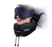 Bonairest Almohada de Viaje, Almohada Cervical para Avión con Antifaz 3D y Correa de Asiento para Vuelos Largos y Viajes por Carretera, Espuma de Doble Densidad, Esencial para Viajes en Negro & Morado