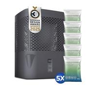 BonAura AirOne - Deshumidificador sin electricidad hasta 23 m², ventilación a 360°, deshumidificador con boquilla y 5 x 680 g de granulado, protección contra moho y olores, deshumidificador para