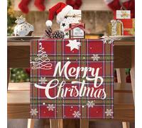 BonBotimen Camino de Mesa Navideño 40 X 140 cm Copos de Nieve Blancos Camino de Mesa Lino Invierno Tartán Rojo Decoración de Comedor Navideño para Cocina Fiesta En Casa, Festival, Decoración Rústica