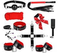 Bondage sexual, ataduras BDSM Juego de 11 piezas para adultos,paleta azotes,juego cama fetiche seguro,esposas,pinzas pezones,látigo,mordaza bola,juguete sexual cosplay (rojo)