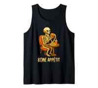 Bone Appétit Funny Halloween Burger Skeleton Eating Burger Camiseta sin Mangas
