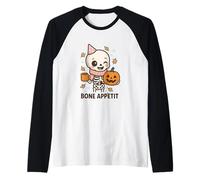 Bone Appétit Lindo Esqueleto Calabaza café Halloween diseño Camiseta Manga Raglan