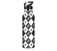 Bone Footprint Buffalo - Botella de agua a cuadros de acero inoxidable con tapa con pajilla, botella aislada para niños y niñas, deportes, 20 onzas (600 ml)
