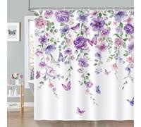 Bonhause Cortina de Ducha Flores Púrpura Floral Hojas de Acuarela Mariposa Cortina de Baño de Poliéster Impermeable Antimoho Lavable Cortina Ducha 180 x 180 cm con 12 Ganchos