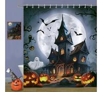 Bonhause Cortina de Ducha Halloween Castillo Luna Llena Calabaza Fantasma Cortina de Baño de Poliéster Impermeable Antimoho Lavable Cortina Ducha 180 x 180 cm con 12 Ganchos