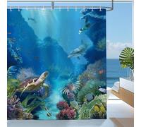 Bonhause Cortina de Ducha Mundo Bajo el Agua Océano Azul Tortuga Marina Coral Cortina de Baño de Poliéster Impermeable Antimoho Lavable Cortina Ducha 180 x 180 cm con 12 Ganchos