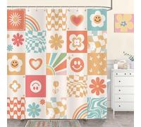 Bonhause Cortina de Ducha Retro Lindo Flores Boho Abstracto A Cuadros Groovy Arco Iris 70s Cortina de Baño de Poliéster Impermeable Antimoho Lavable Cortina Ducha 180 x 180 cm con 12 Ganchos