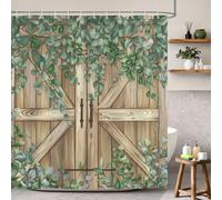 Bonhause Cortina de Ducha Rústico Puerta de Madera Granero de Granja Hojas de Eucalipto Cortina de Baño de Poliéster Impermeable Antimoho Lavable Cortina Ducha 180 x 180 cm con 12 Ganchos