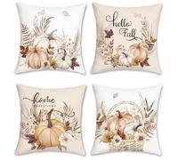Bonhause Fundas Cojines Calabaza Otoño 45 x 45 cm Funda de Almohada Beige Naranja Calabazas Corona Hoja Otoño Floral Decorativas para Sofá Cama Hogar Jardín Terraza Juego de 4