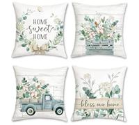Bonhause Fundas Cojines Hojas de Eucalipto 45 x 45 cm Funda de Almohada Camión Azul Home Sweet Home Granja Terciopelo Suave Cojines Decorativos para Sofá Hogar Jardín Juego de 4