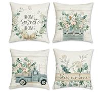 Bonhause Fundas Cojines Hojas Eucalipto 45 x 45 cm Funda de Almohada Primavera Camión Azul Granja Poliéster Lino Cojines Decorativos para Sofá Hogar Jardín Exterior Juego de 4