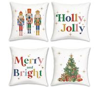 Bonhause Fundas Cojines Navidad Cascanueces 45 x 45 cm Funda de Almohada Árbol de Navidad Merry & Bright Cojines Decorativos para Sofá Cama Hogar Vacaciones Invierno Juego de 4