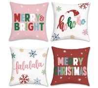 Bonhause Fundas Cojines Navidad Rosa Rojo 45 x 45 cm Funda de Almohada Copos de Nieve Merry & Bright Cojines Decorativos para Sofá Cama Hogar Vacaciones Invierno Juego de 4