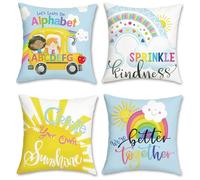 Bonhause Fundas Cojines Niños 45 x 45 cm Funda de Almohada Arcoiris Sol Educación Inspiracional Cojines Decorativos para Sofá Aula Rincón de Lectura Sala de Guardería Juego de 4