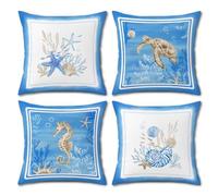 Bonhause Fundas Cojines Océano Azul 45 x 45 cm Funda de Almohada Costa Playa Tortuga Marina Caballito de Mar Estrella de Mar Cojines Decorativos Verano para Sofá Cama Patio Hogar Juego de 4