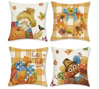 Bonhause Fundas Cojines Otoño Acción de Gracias 45 x 45 cm Funda de Almohada Calabaza Hoja Otoño Corona Pavo Naranja Decorativas para Sofá Cama Hogar Jardín Exterior Juego de 4