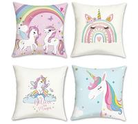 Bonhause Fundas de Cojín Unicornio 40 x 40 cm Funda de Almohada Arcoiris Azul Rosa Terciopelo Suave Cojines Decorativos para Sofá Cama Hogar Habitación de Niñas Infantil Juego de 4