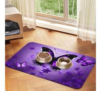 Bonita alfombrilla de alimentación de piel sintética con estampado de mariposas moradas para perros, gatos, mascotas, tapete absorbente y antideslizante con parte inferior de goma