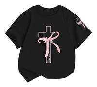 Bonita blusa de manga corta con estampado floral para camiseta básica suave para niños pequeños, perfecta para fiestas diarias, Negro , 13-14 años