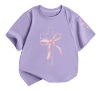 Bonita blusa de manga corta con estampado floral para camiseta básica suave para niños pequeños, perfecta para fiestas diarias, morado, 7-8 años