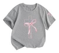 Bonita blusa de manga corta con estampado floral para camiseta de algodón suave para niños pequeños - versátil para uso diario, gris, 13-14 años