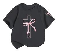 Bonita blusa de manga corta con estampado floral para camiseta de algodón suave para niños pequeños - versátil para uso diario, gris oscuro, 7-8 años