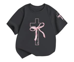 Bonita blusa de manga corta con estampado floral para camiseta de algodón suave para niños pequeños - versátil para uso diario, gris oscuro, 7-8 años
