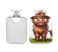Bonita bolsa de agua caliente de vaca escocesa sobre hierba con funda, bolsa de agua caliente de 1 litro para aliviar el dolor, calentador de pies de mano de PVC, terapia caliente