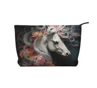 Bonita bolsa de cosméticos de pana de gran capacidad con diseño de unicornios, bolsa de almacenamiento impermeable de moda para artículos de tocador, Black, Talla única