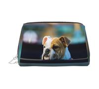 Bonita bolsa de cosméticos de piel con estampado de bulldog, bolsa de maquillaje de cuero para bolso con cierre de cremallera superior, elegante bolsa de aseo, Silver, Talla única
