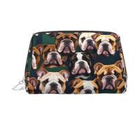 Bonita bolsa de cosméticos de piel con estampado de bulldog inglés, bolsa de maquillaje de cuero para bolso con cierre de cremallera superior, elegante bolsa de aseo, Silver, Talla única