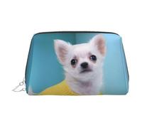 Bonita bolsa de cosméticos de piel con estampado de chihuahua, bolsa de maquillaje de cuero para bolso con cierre de cremallera superior, elegante bolsa de aseo, Silver, Talla única