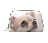 Bonita bolsa de cosméticos de piel con estampado de chihuahua, bolsa de maquillaje de cuero para bolso con cierre de cremallera superior, elegante bolsa de aseo, Gold, Talla única