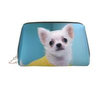 Bonita bolsa de cosméticos de piel con estampado de chihuahua, bolsa de maquillaje de cuero para bolso con cierre de cremallera superior, elegante bolsa de aseo, Gold, Talla única